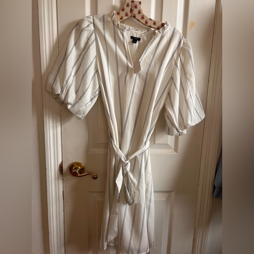 Ann Taylor White Striped Puff Sleeve Dress